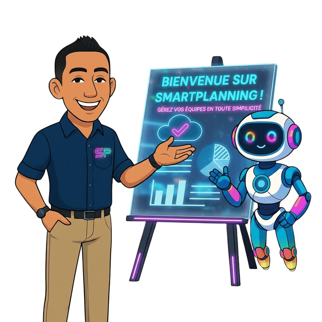 Bienvenue sur SmartPlanning - Illustration avec personnage et robot IA