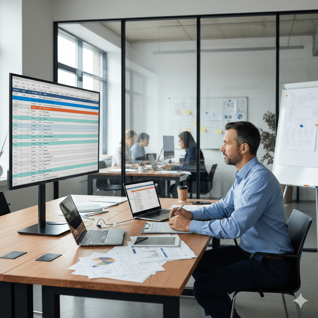 Manager utilisant le logiciel SmartPlanning sur ordinateur pour organiser les plannings de son équipe dans un bureau moderne